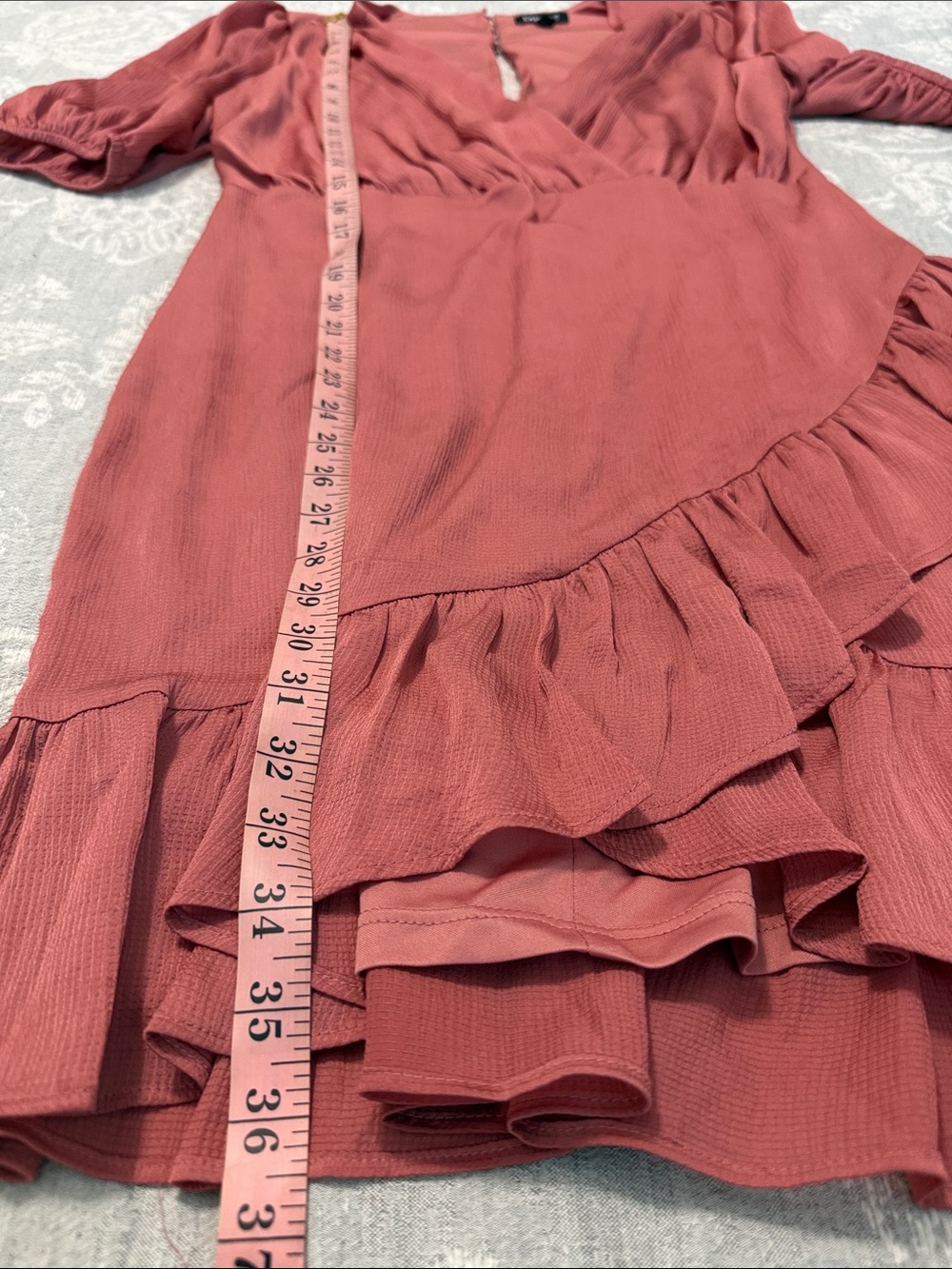 EXPRESS | Ruched Ruffle Faux Wrap Mini Dress - Picture 6 of 7
